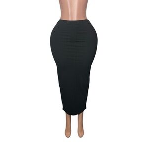 Black Ribbed Midi Pencil Skirt - Women's